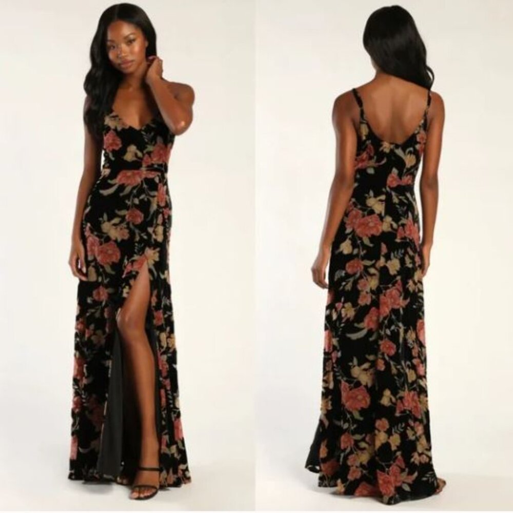 Lulu's Women's Alluring Blooms Black Floral Burnout Velvet Maxi Dress Size XS